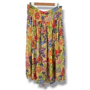 Royal Silk Yellow Floral Midi Skirt 100% Silk Pleated Botanical Garden Womens